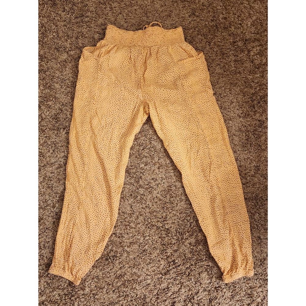 Aerie Smocked Waist Boho Jogger Pants XS Yellow Dot Print Tassel Crinkle Gauze‎ - Picture 5 of 11
